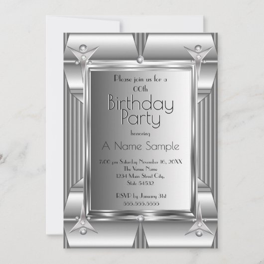 Faux Silver Chrome Metal: Birthday Party Kaart (Voorkant)