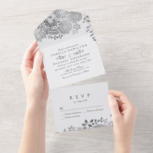Faux Silver Eegant -lace bruiloft All In One Uitnodiging (Afscheurbaar)