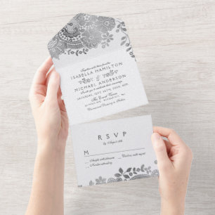 Faux Silver Eegant -lace bruiloft All In One Uitnodiging