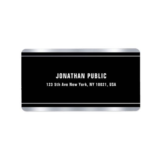 Faux Silver Elegant Black Sjabloon Modern adres Etiket (Voorkant)