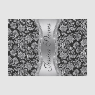 Faux Silver Floral Damaszwart, achtergrond Tissuepapier