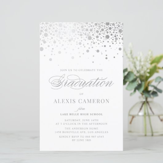 Faux Silver Foil Confetti Afstuderen Invite (Staand voorkant)