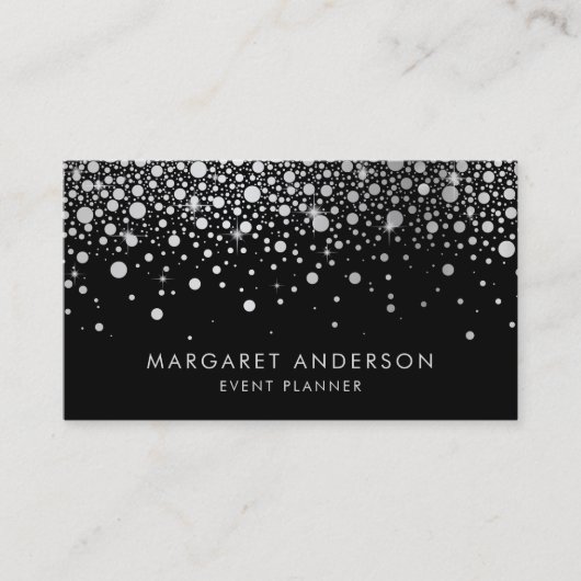 Faux Silver Foil Confetti Stippen Modern Black Visitekaartje (Voorkant)