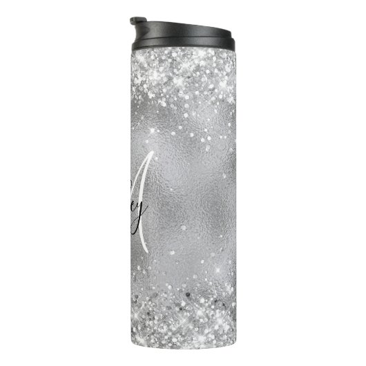 Faux Silver Foil met Sparkly Glitter Monogram Thermosbeker (Geroteerd rechts)