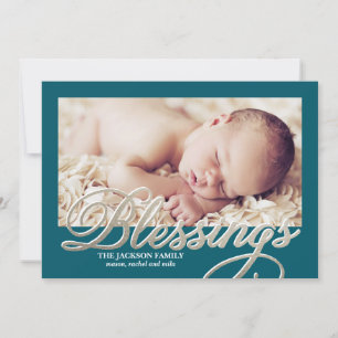 Faux Silver Foil Script Blessings Holiday Foto Feestdagenkaart