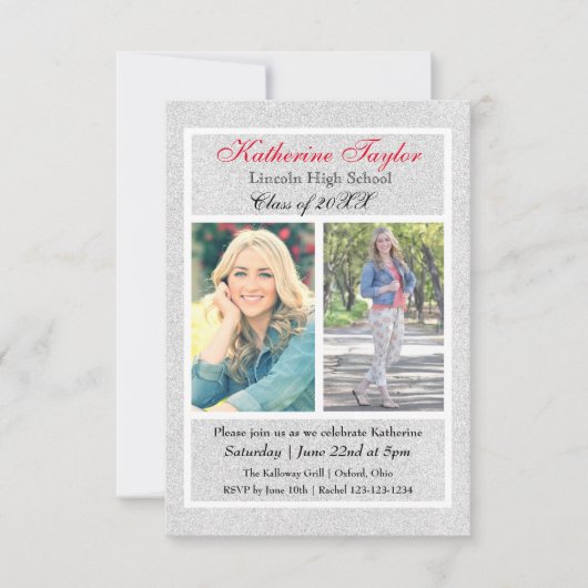 Faux Silver Glitter - 3x5 Afstuderen Aankondiging (Voorkant)