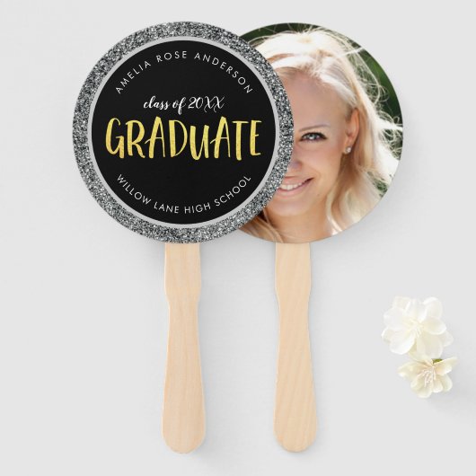 Faux Silver Glitter Afstuderen Foto Afstuderen Handwaaier (Voorkant en achterkant)