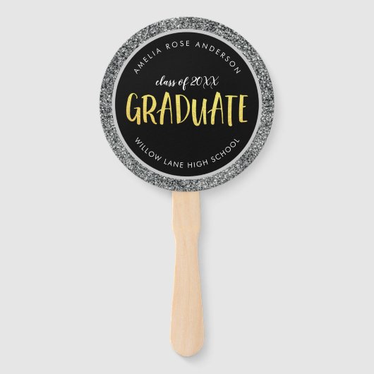 Faux Silver Glitter Afstuderen Foto Afstuderen Handwaaier (Voorkant)