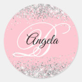 Faux Silver Glitter Bord Roze Fancy Monogram Ronde Sticker (Voorkant)