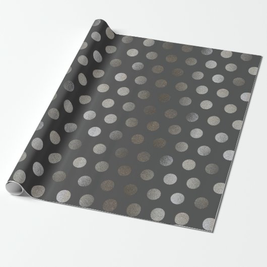 Faux Silver Glitter & Dark Gray Medium Polka Dot Cadeaupapier (Uitgerold)