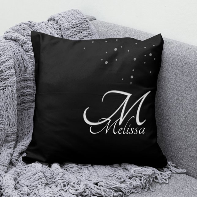 Faux Silver Glitter Embossed Silver Monogram Black Kussen (Silver Monogram Pillow with Your Name and Faux Silver Glitter Confetti)