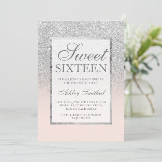 Faux silver glitter pink elegant chic Sweet 16 Kaart (Staand voorkant)