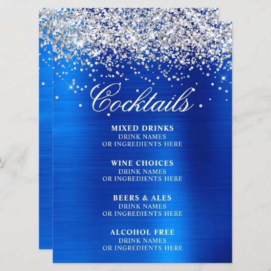 Faux Silver Glitter Royal Blue Foil Cocktails Bar Menu (Voorkant / Achterkant)