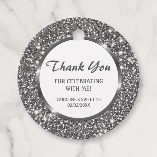 Faux Silver Glitter Textielkijken & aangepaste tek Bedankjes Labels (Voorkant)
