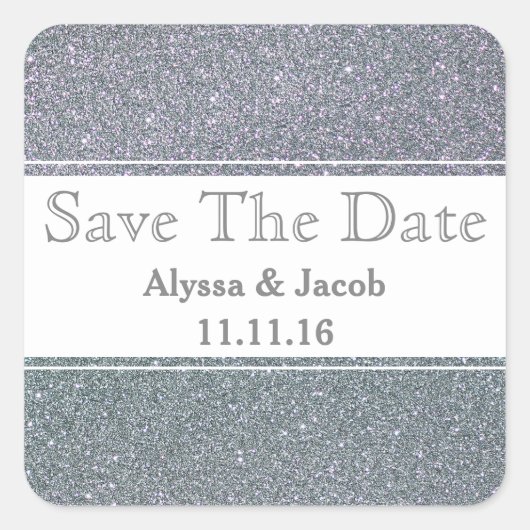 Faux Silver Glitter Wedding Save the Date Vierkante Sticker (Voorkant)