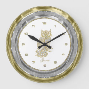 Faux Silver & Gold Border Gold Owl Grote Klok