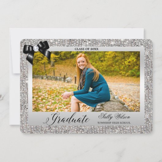 Faux Silver Sequins Black Bow Afstuderen Foto Kaart (Voorkant)