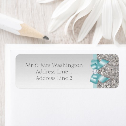 Faux Silver Sequins Blauwgroen Blauwe Boog en Diam Etiket (Insitu)