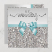 Faux Silver Sequins Blauwgroen Blue Bow Wedding Kaart (Voorkant / Achterkant)