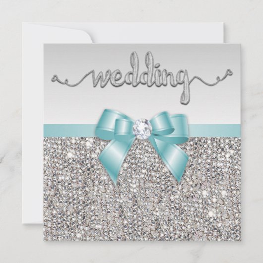 Faux Silver Sequins Blauwgroen Blue Bow Wedding Kaart (Voorkant)