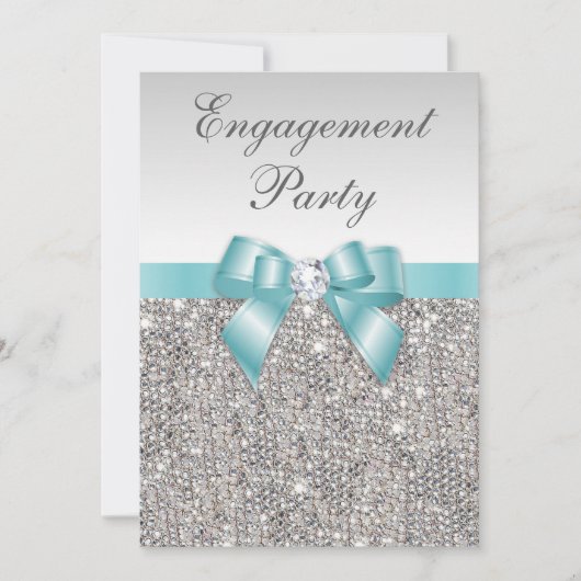 Faux Silver Sequins Blauwgroen Bow Engagement Part Kaart (Voorkant)