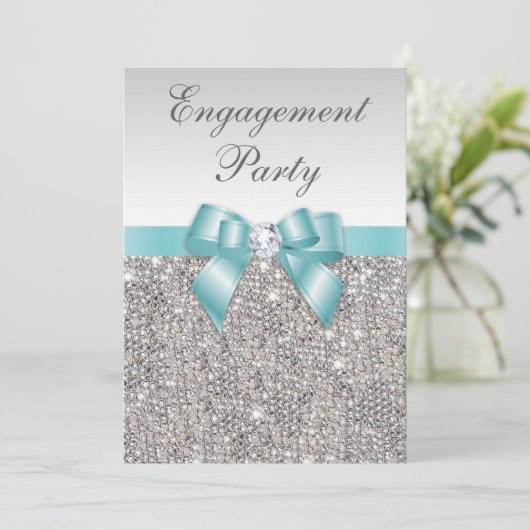 Faux Silver Sequins Blauwgroen Bow Engagement Part Kaart (Staand voorkant)