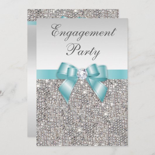 Faux Silver Sequins Blauwgroen Bow Engagement Part Kaart (Voorkant / Achterkant)