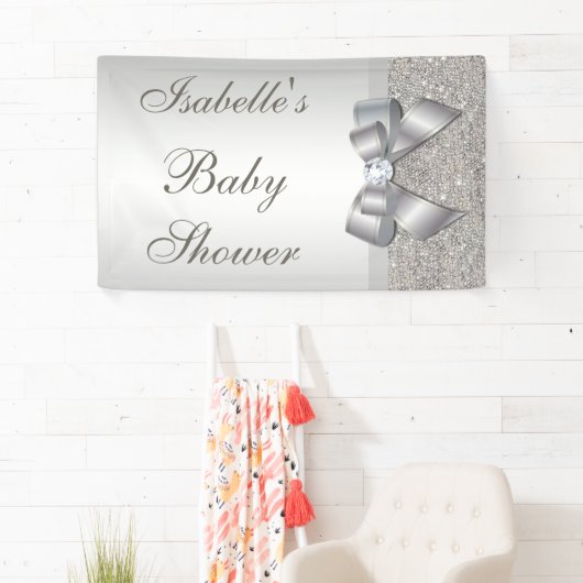 Faux Silver Sequins Bow Neutraal Baby shower Spandoek (Insitu)