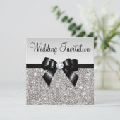 Faux Silver Sequins Diamonds Black Bow Wedding Kaart (Staand voorkant)