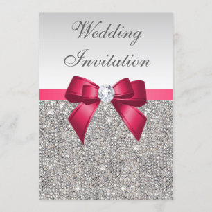 Faux Silver Sequins Diamonds & Bow Wedding Kaart