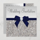 Faux Silver Sequins Diamonds Dark Navy Bow Wedding Kaart (Voorkant / Achterkant)