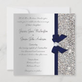 Faux Silver Sequins Diamonds Dark Navy Bow Wedding Kaart (Achterkant)