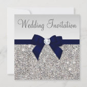 Faux Silver Sequins Diamonds Dark Navy Bow Wedding Kaart (Voorkant)