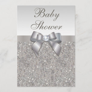 Faux Silver Sequins en Bow Neutral Baby shower Kaart
