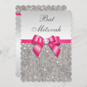 Faux Silver Sequins Hot Pink Bow Bat Mitzvah Kaart (Voorkant / Achterkant)