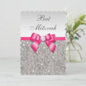 Faux Silver Sequins Hot Pink Bow Bat Mitzvah Kaart (Staand voorkant)