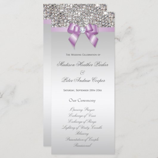 Faux Silver Sequins Lilac Bow Wedding Programme (Devant / Derrière)