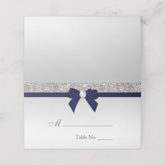 Faux Silver Sequins Navy Bow Place Card (Buitenkant ongevouwen)