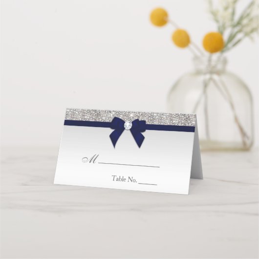 Faux Silver Sequins Navy Bow Place Card (Voorkant)