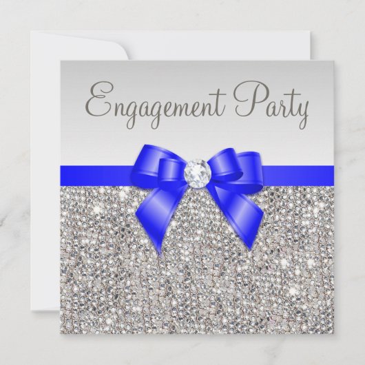 Faux Silver Sequins Royal Blue Bow Verloving Kaart (Voorkant)