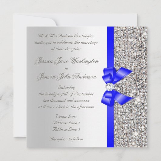 Faux Silver Sequins Royal Blue Bow Wedding Kaart (Achterkant)