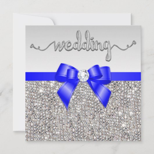 Faux Silver Sequins Royal Blue Bow Wedding Kaart (Voorkant)