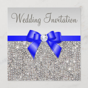 Faux Silver Sequins Royal Blue Bow Wedding Kaart