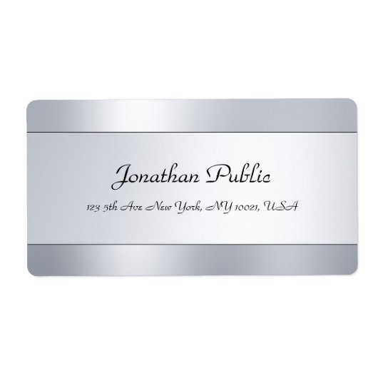 Faux Silver Sjabloon Modern Handgeschreven Script Etiket (Voorkant)
