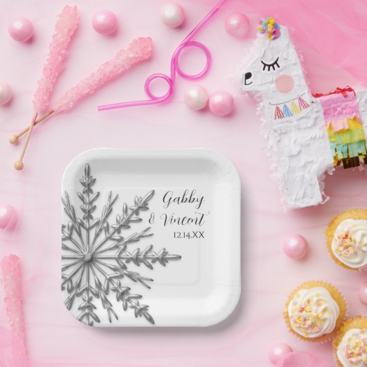 Faux Silver Snowflake Winter Wedding Papieren Bordje (Feest)