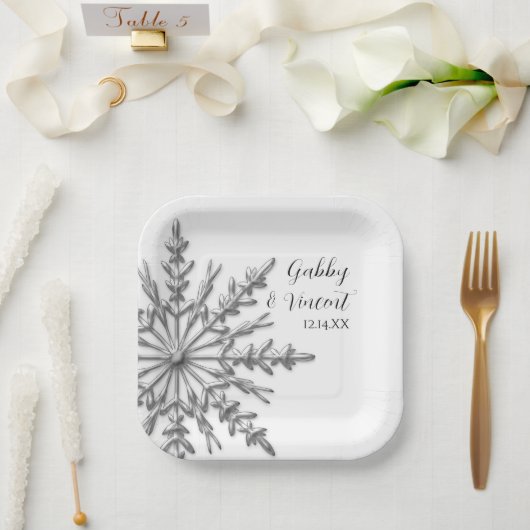 Faux Silver Snowflake Winter Wedding Papieren Bordje (Huwelijk)