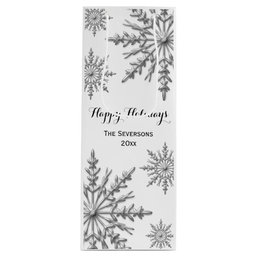 Faux Silver Winter Snowflakes Prettige feestdagen Wijn Cadeautas (Voorkant)