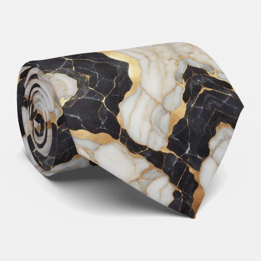Faux soie cravate | Marbre noir, blanc + or (Roulé)