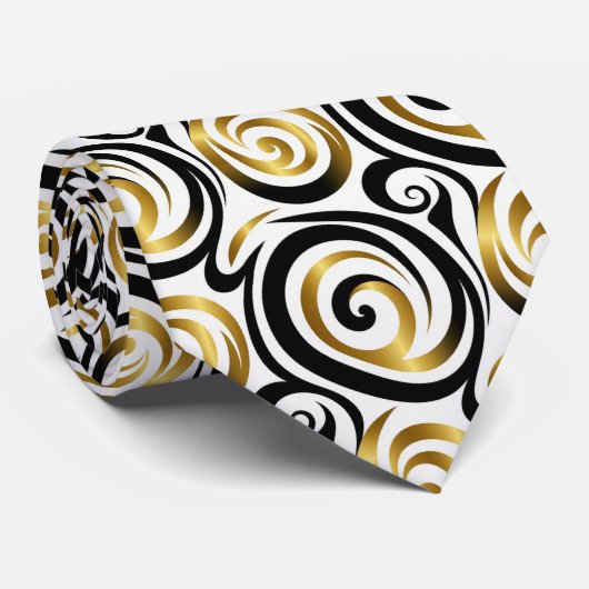 Faux soie cravate | Noir, Blanc + Abstrait Or (Roulé)