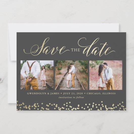 Faux Sparkle 3 Foto Save the Date Card (Voorkant)